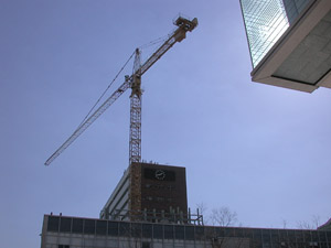 tower crane reaches over the Applied Science building